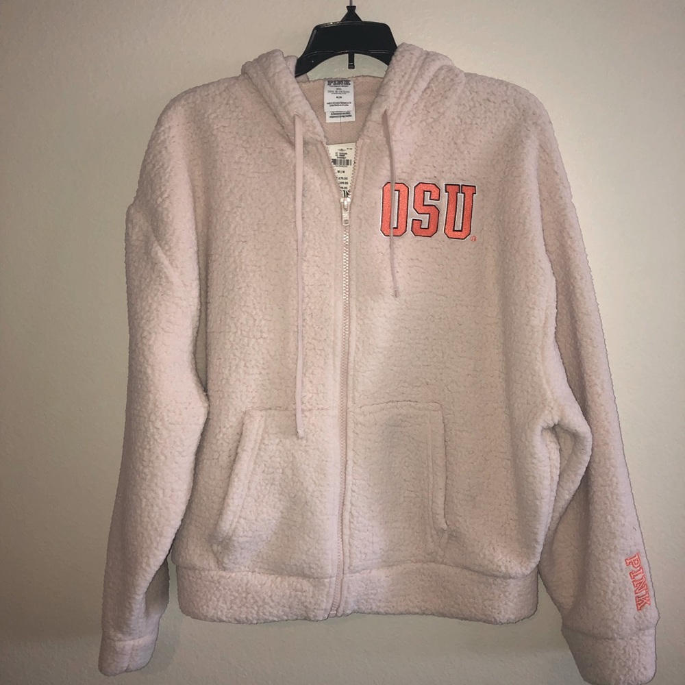 🇺🇸 Victoria Secret Cream Sherpa Zip-Up Jacket. OSU Collegiate Collection. Size M